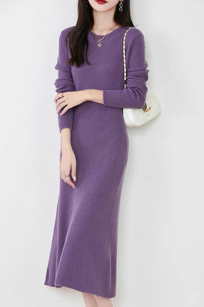 Women's Sweater Crewneck Ribbed Knit Midi Dress