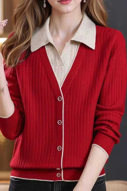 Women's Sweaters Lapel Ribbed Knit Pullover Shirt