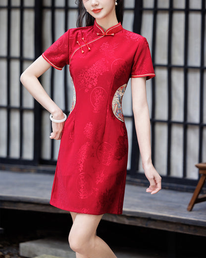 Red Jacquard Cheongsam Dress Embroidered Short Sleeve Mini Dress