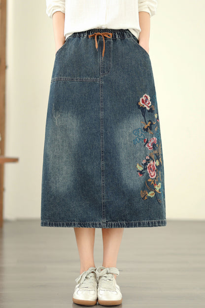 Women's Denim Drawstring Waist Pockets Jean Skirt