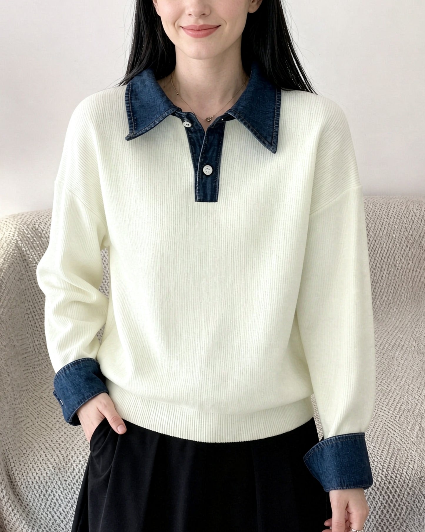 Denim Collar Color-Block Knit Sweater – Faux Two-Piece Long Sleeve Top - LAI MENG FIVE CATS