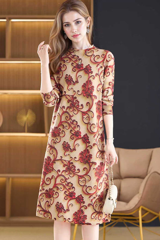 Women's Fall Long Sleeve Knitted Sweater Midi Dress