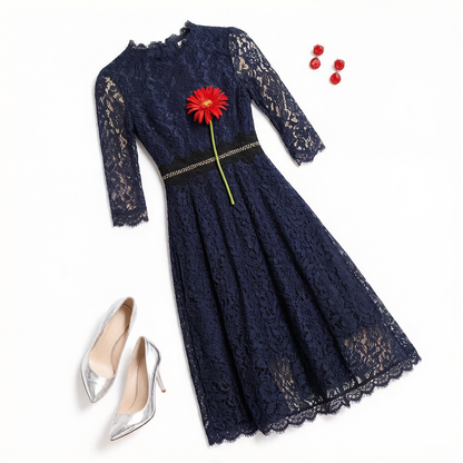 SSY-Women's 3/4 Sleeve Floral Lace Cocktail Midi Dress - LAI MENG FIVE CATS