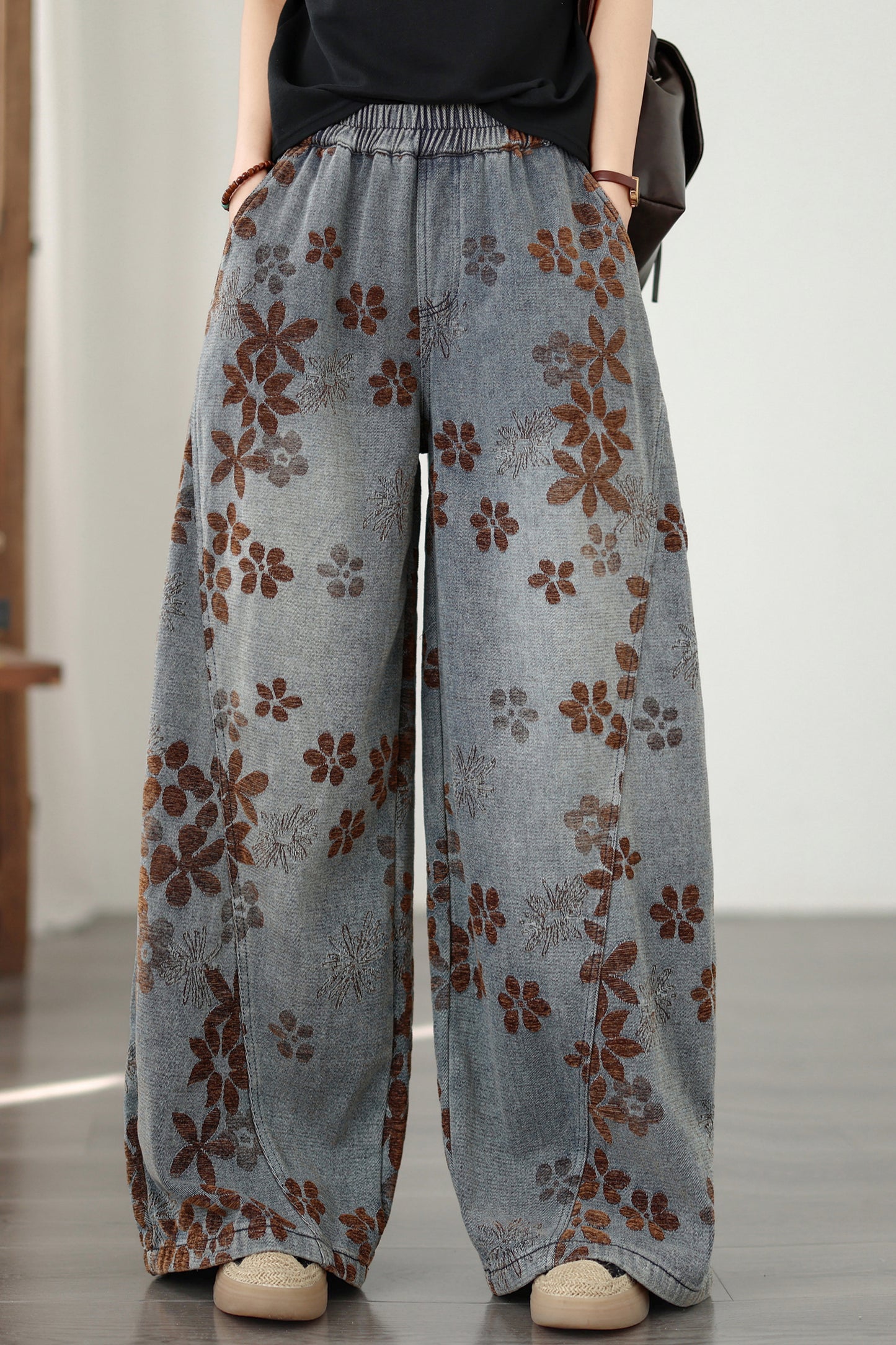 26-Women's Baggy Jeans Elastic Waist Loose Denim Pants