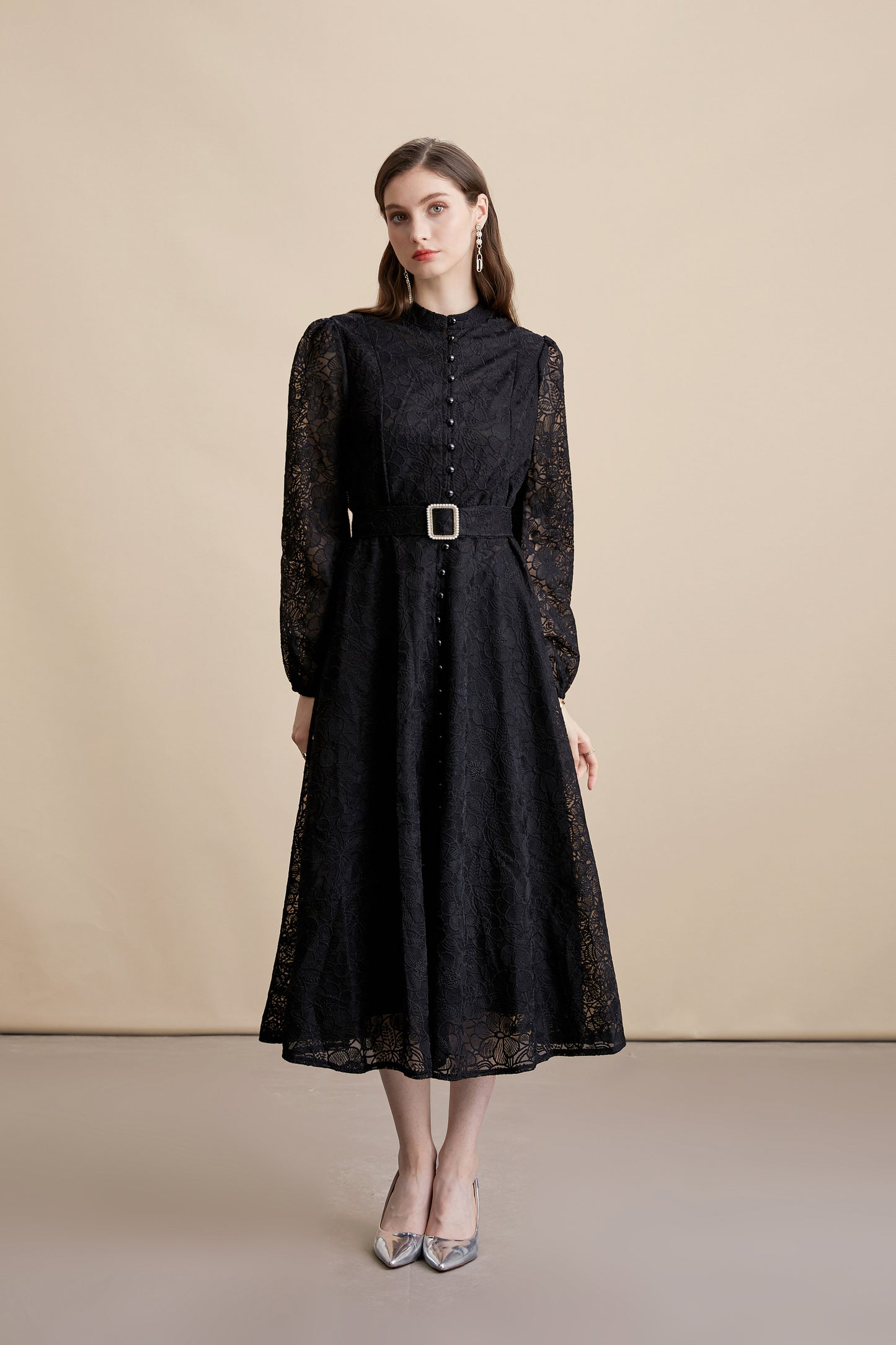 Women's Lace Stand Collar Puff Sleeve Midi Dress