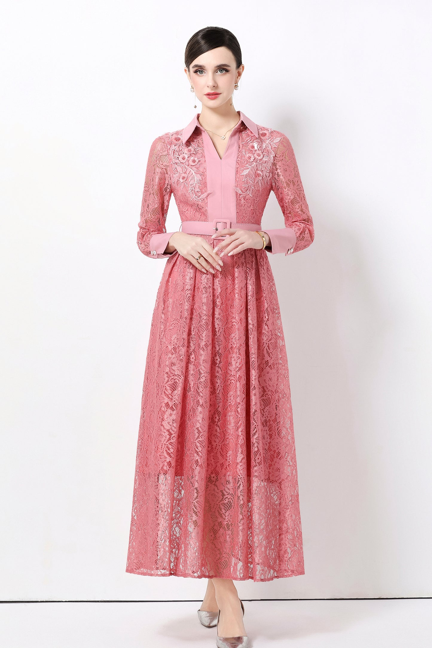 Women's Polo Collar Long Sleeve Lace Maxi Dress