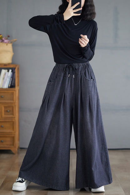 Loose Elastic Waisted Drawstring Wide Leg Pants