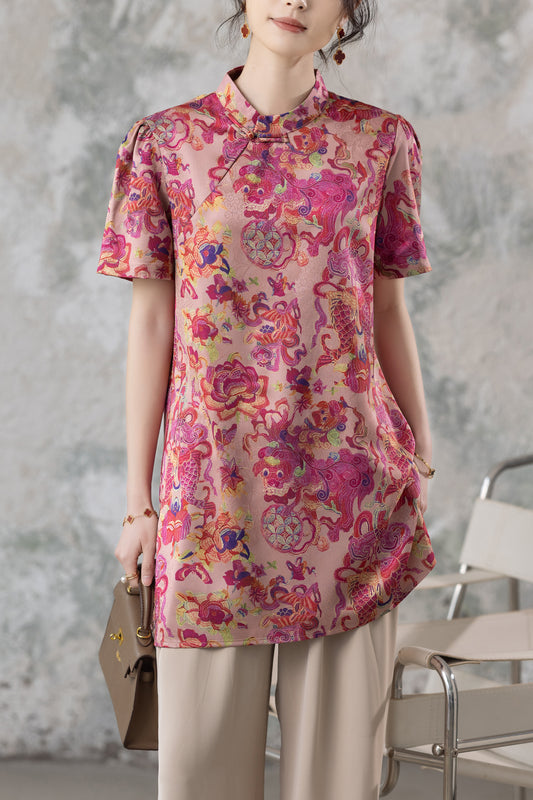 Women's Short Sleeve Button Print Qipao Satin Blouse