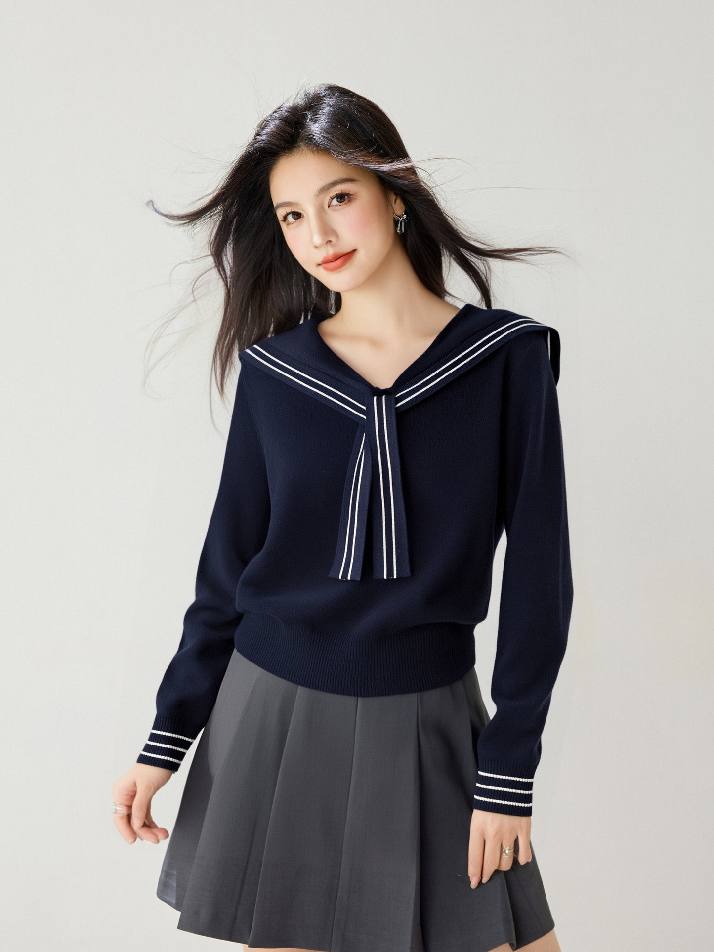 Women's Sailor Collar V-Neck Strip Knit Sweater Blouse