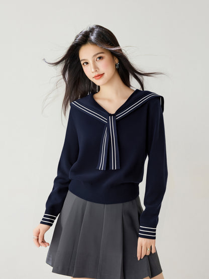 Women's Sailor Collar V-Neck Strip Knit Sweater Blouse