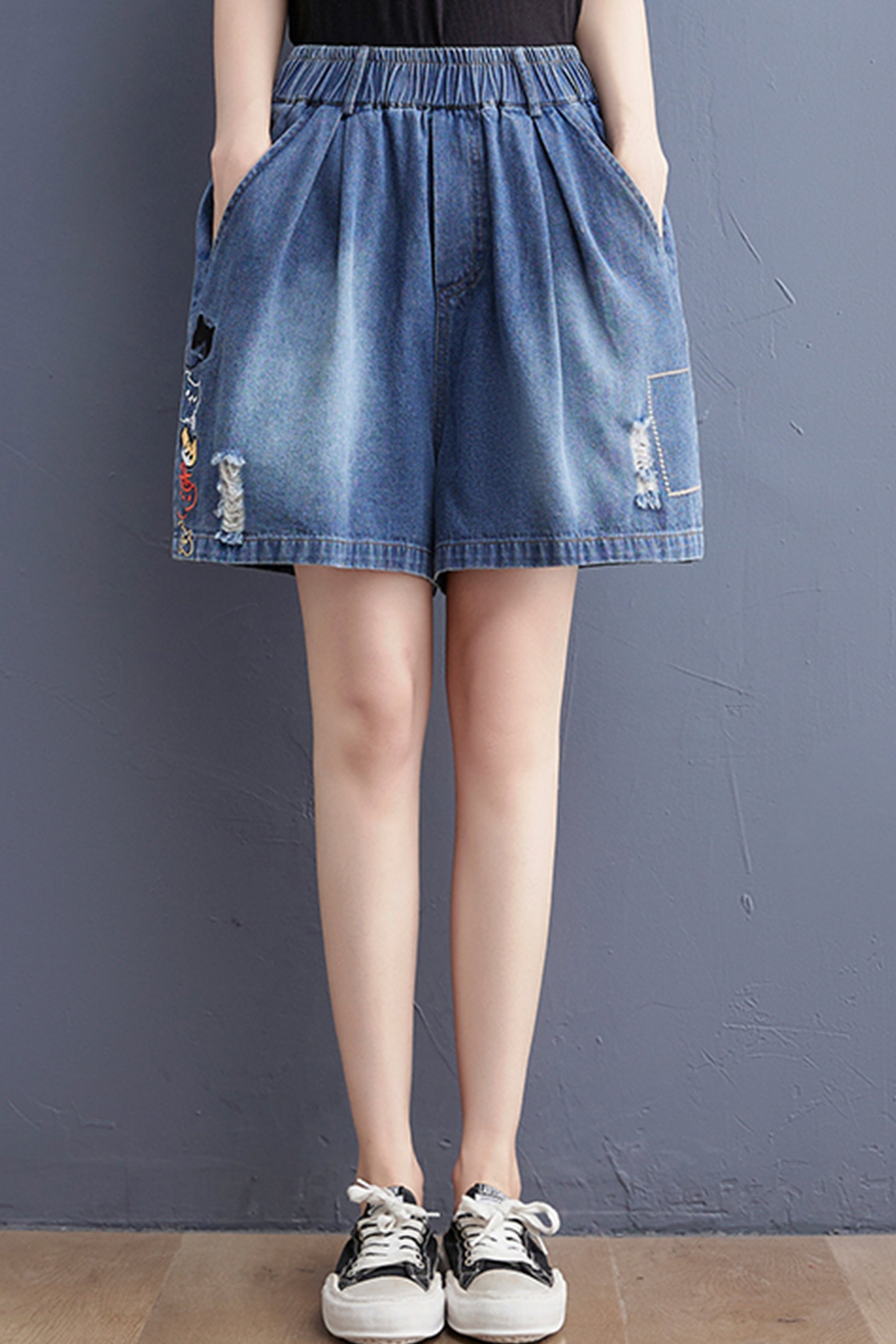 Women's Baggy Pull On Jeans Ripped Denim Shorts - LAI MENG FIVE CATS