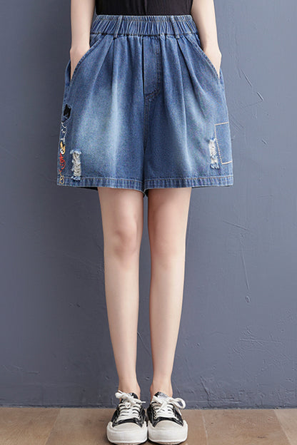 Women's Baggy Pull On Jeans Ripped Denim Shorts - LAI MENG FIVE CATS