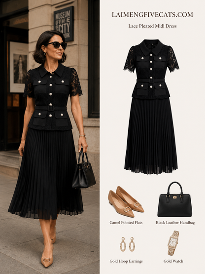 Lace Pleated Midi Dress | Elegant Fake Two-Piece Collared Dress