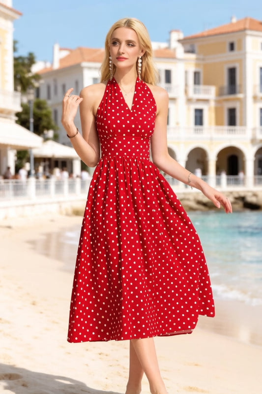 Women’s Polka Dot Halter Backless V-Neck Midi Dress