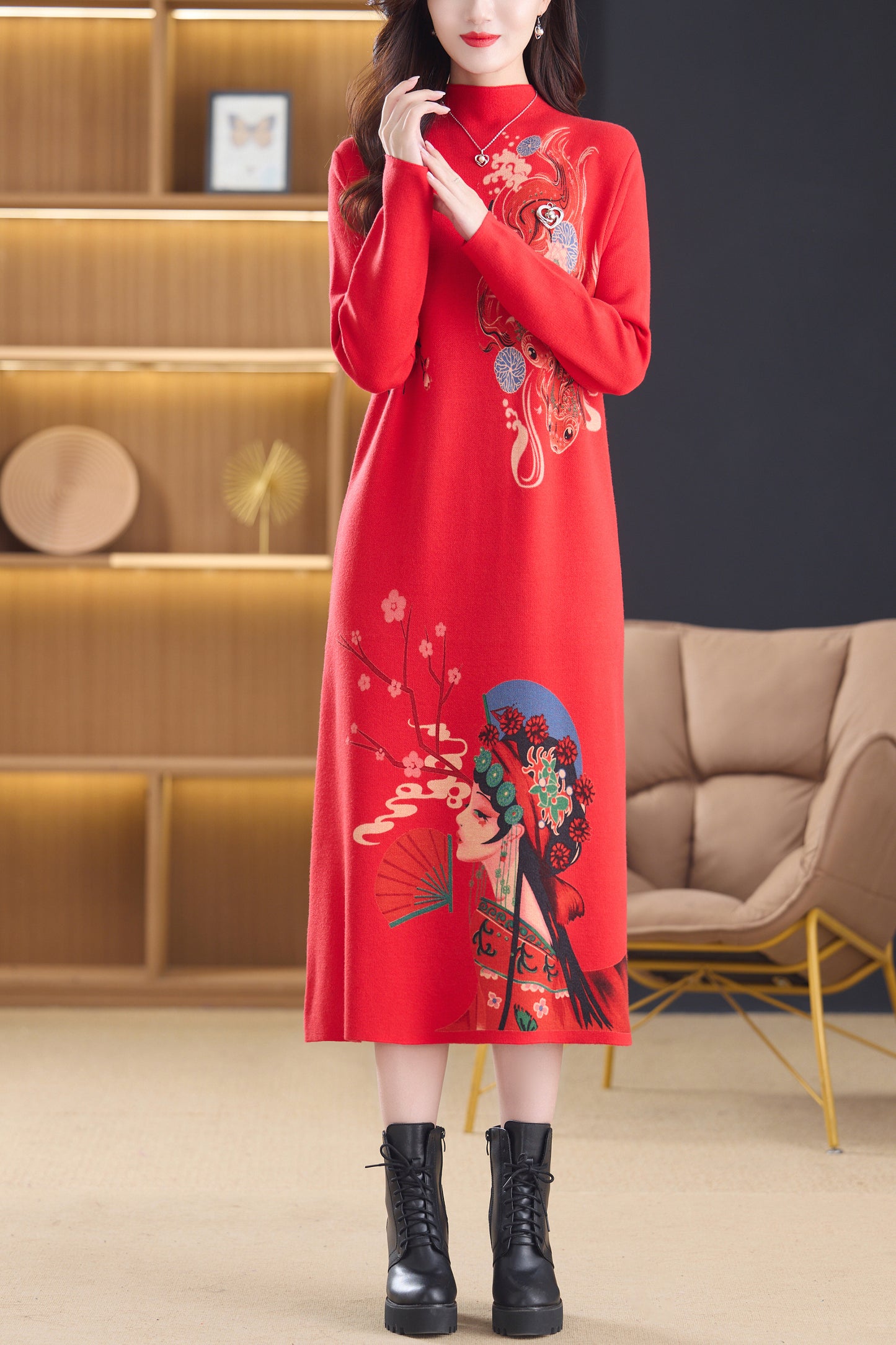 Women's Turtleneck Sweater Long Sleeve Red Dress