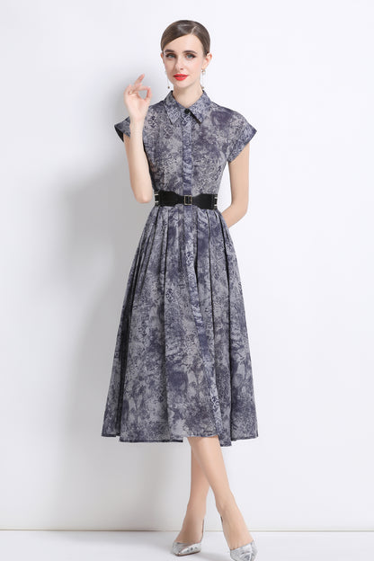 Women's Short Sleeves Collar Printed Buttons Midi Dress