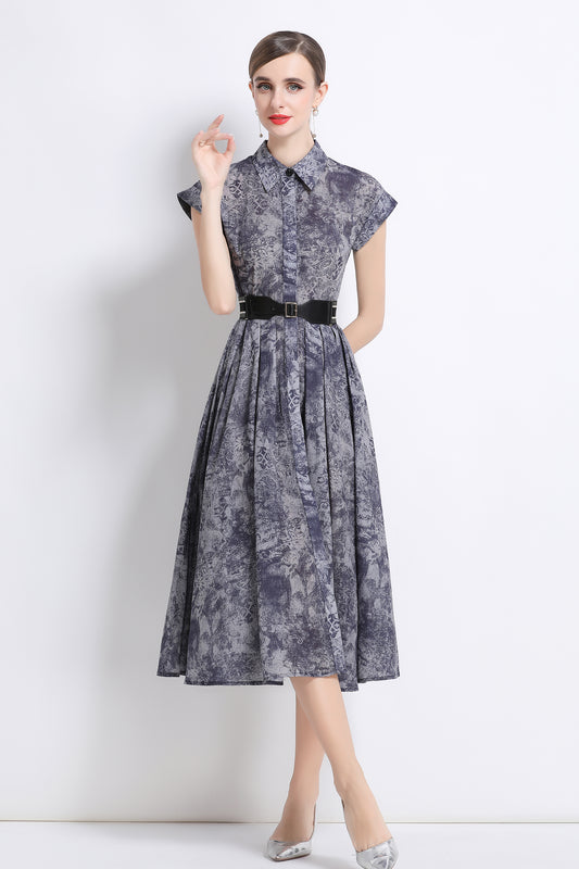 Women's Short Sleeves Collar Printed Buttons Midi Dress