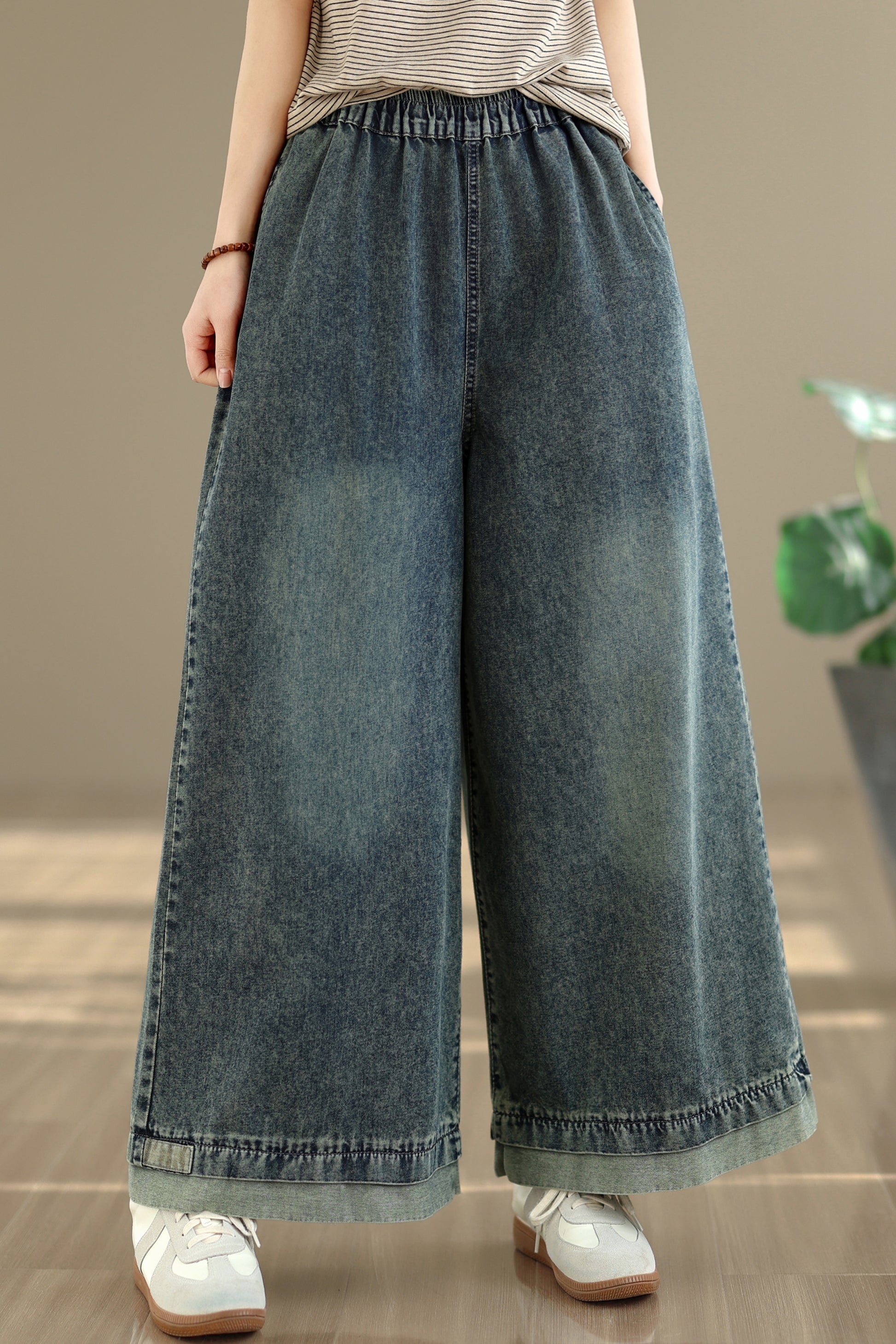 26-Women's Jeans Elastic Waist Baggy Wide Leg Denim - LAI MENG FIVE CATS
