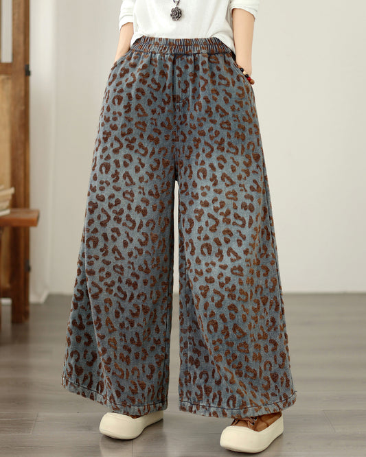 Vintage Leopard Print Denim Wide Leg Pants Casual Loose Jeans - LAI MENG FIVE CATS