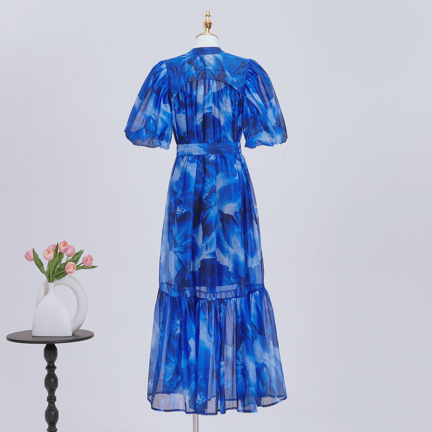 Women's Floral Print Puff Sleeve Fishtail Loose Maxi Dress