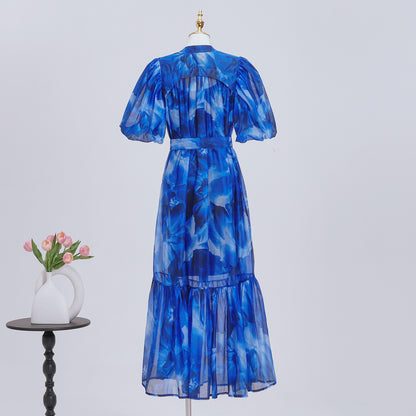 Women's Floral Print Puff Sleeve Fishtail Loose Maxi Dress