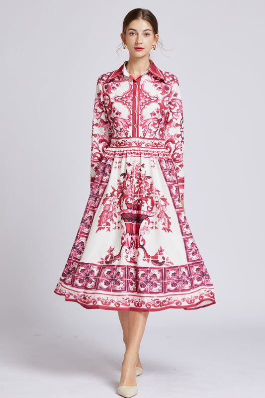 FSY-Women's 3/4 Sleeve Floral Print Button Midi Dress