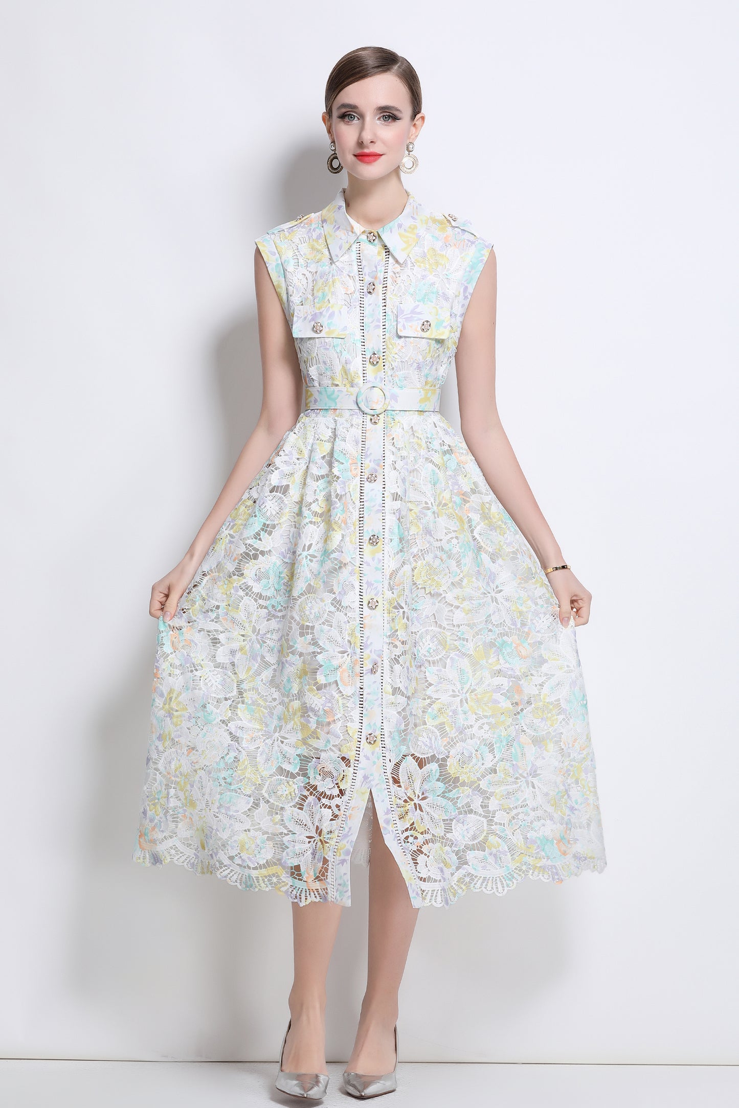 Women's Hollow Lace Print Sleeveless Midi Dress