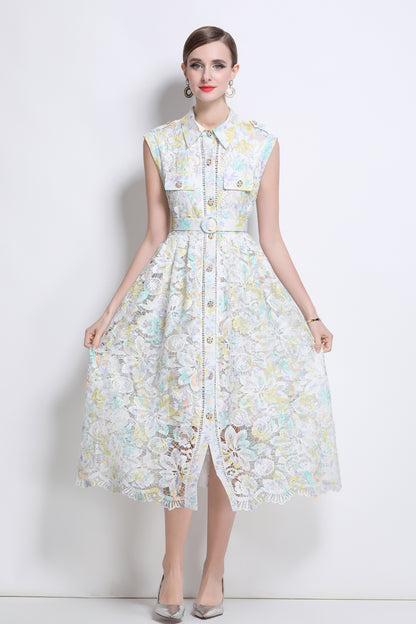 Women's Hollow Lace Print Sleeveless Midi Dress