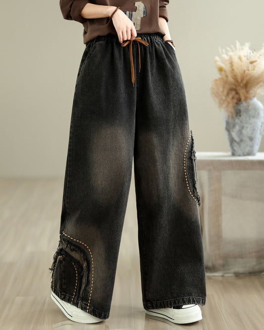 28670-Vintage Black Denim Wide-Leg Pants with Distressed Patch & Drawstring Waist