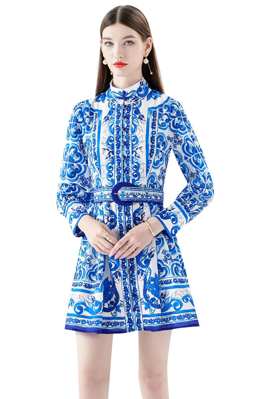 Women's Pattern Button Long Sleeve Casual A-line Mini Dress
