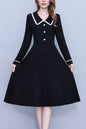 Women's Peter Pan Collar Long Sleeve Black Dress with Pocket