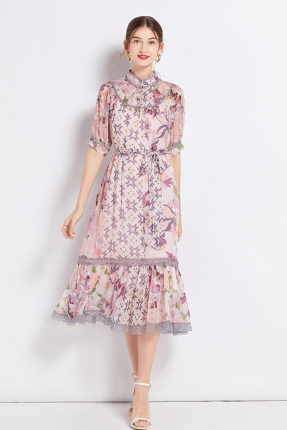 FSY-Women's Chiffon Short Sleeve Floral Ruffle Loose Midi Dress