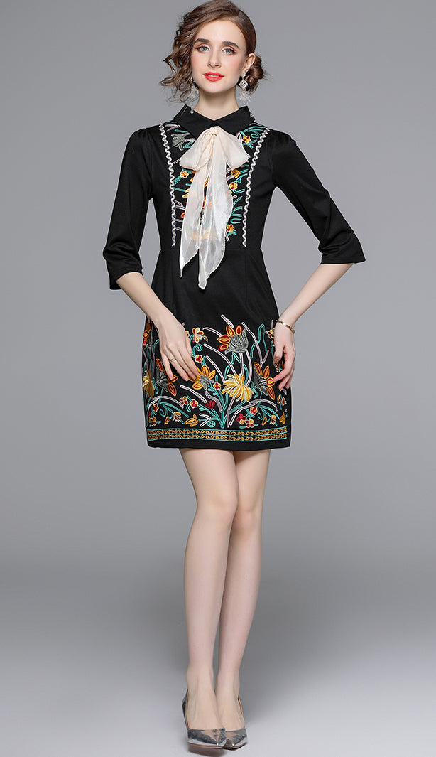 Black Embroidered Bow Tie Mini Dress – Vintage-Inspired Chic