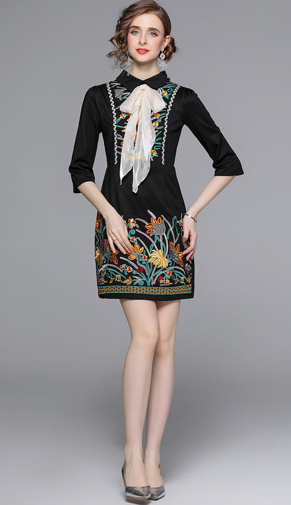 Black Embroidered Bow Tie Mini Dress – Vintage-Inspired Chic
