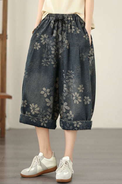Floral Print Cropped Wide Leg Denim Pant