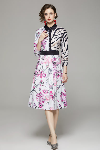 FSY-Women's Floral Print Button A-line Flowy Midi Dress