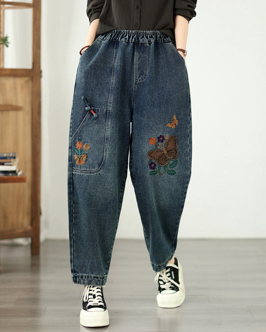 Vintage Embroidered Denim Harem Pants with Elastic Waist - LAI MENG FIVE CATS