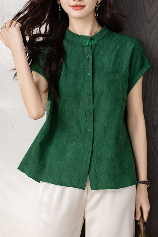 Women's Button Cap Sleeve Mandarin Collar Blouse Top - LAI MENG FIVE CATS