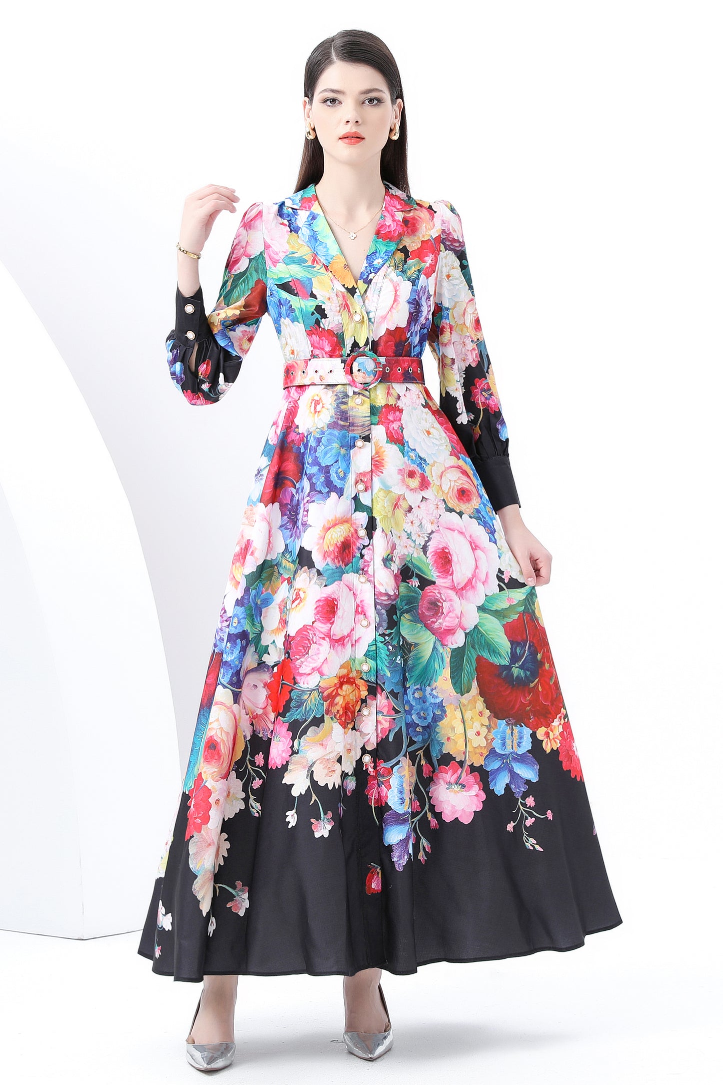 Women's Notch Lapels Puff Sleeve Print Maxi Dress