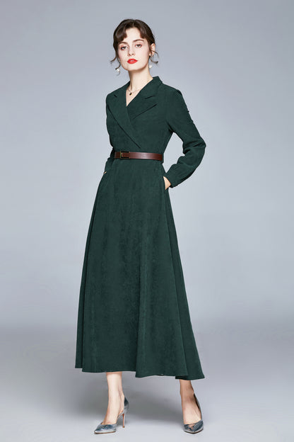 Dark green Notched collar classic vintage dress