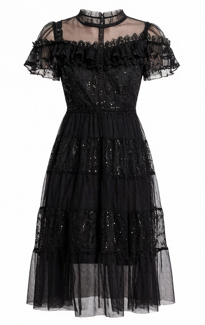 Sequin Lace Ruffle Midi Dress – Black