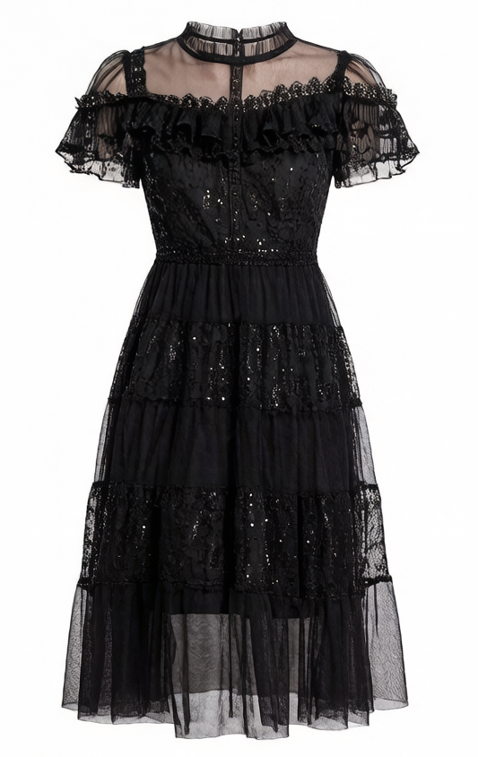 Sequin Lace Ruffle Midi Dress – Black