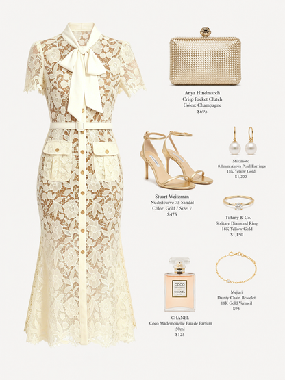Butter Yellow Tie Neck Lace Button Up Midi Dress