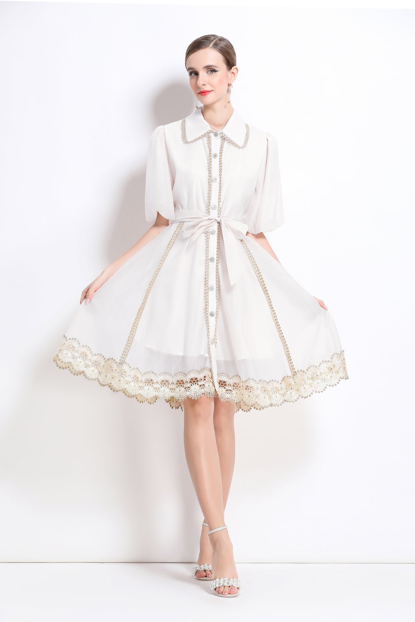 White Lace Trim Chiffon Mini Dress
