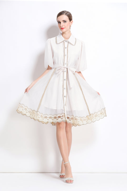 White Lace Trim Chiffon Mini Dress