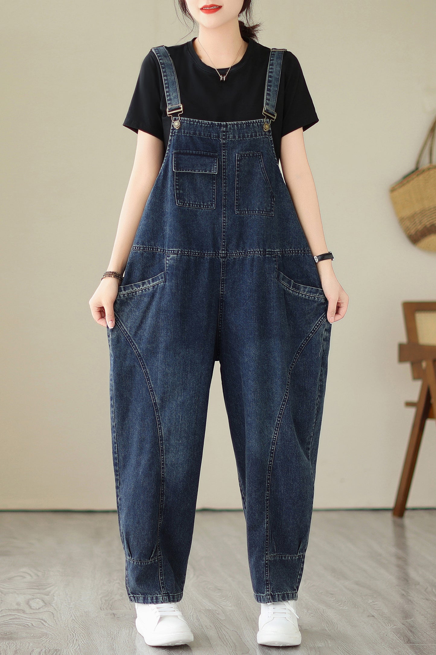 Stretchy Loose Bib Overalls with Pockets