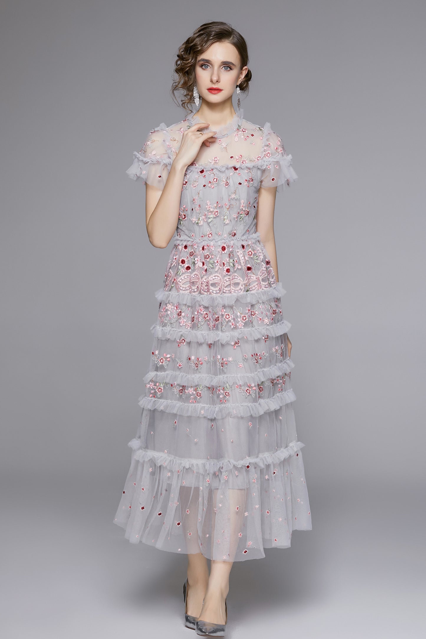 Romantic Floral Embroidered Ruffle Midi Dress