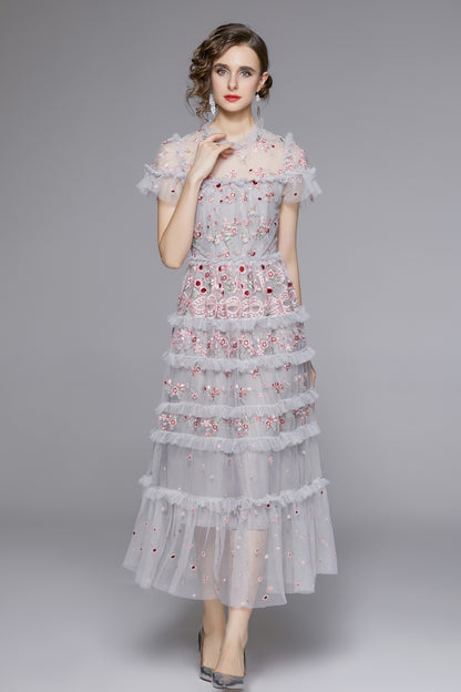 Romantic Floral Embroidered Ruffle Midi Dress