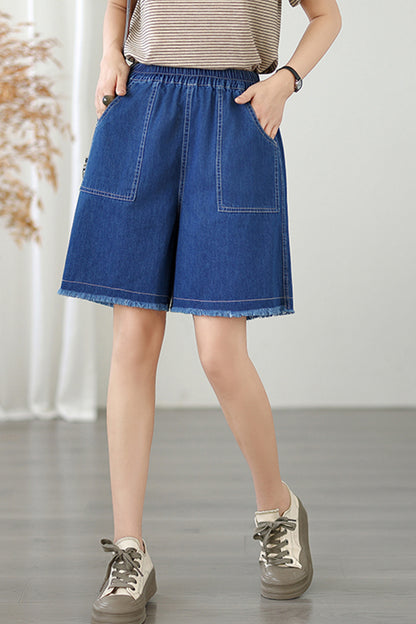 Women's High Waisted Baggy Jean Wide Leg Denim Shorts - LAI MENG FIVE CATS