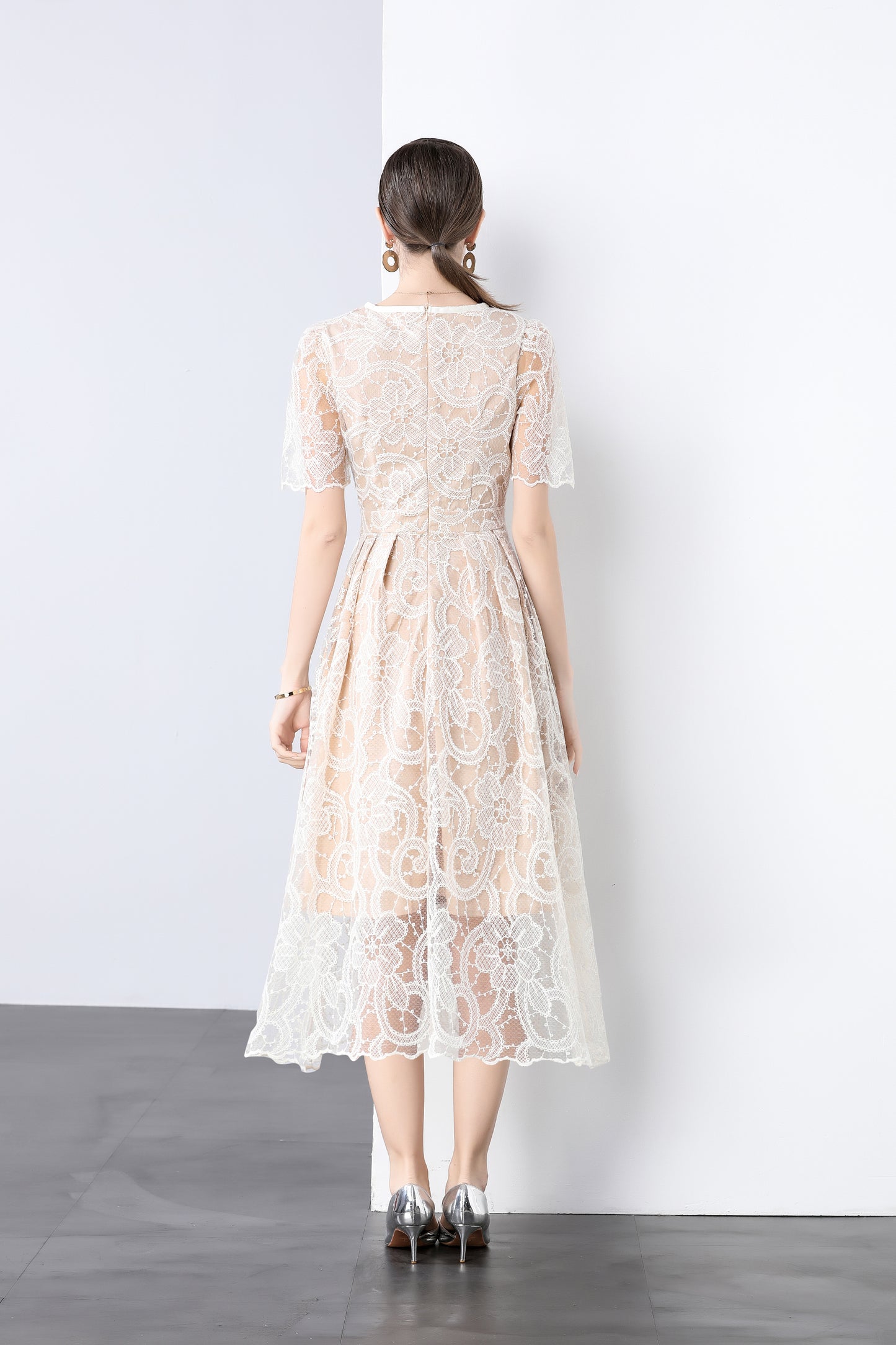 Cream Lace Bow Midi Dress – Romantic Puff Sleeve Summer Dress